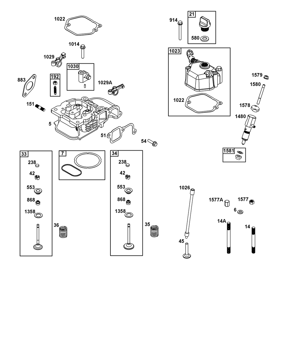 Cylinder Head Group Diagram and Parts List for 131D05-0002-01 100000 - 19Z999 Briggs and Stratton Engine